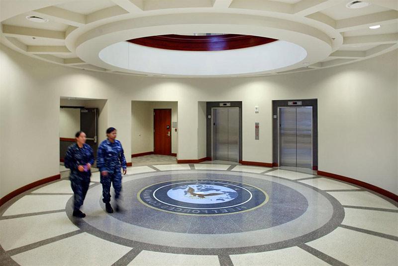 Elevator Lobby featuring Fleet Forces Command emblem inset in terrazzo floor